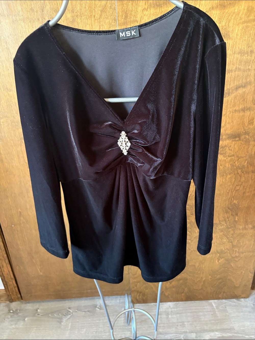 MSK Black Velvet Long-Sleeve V-Neck Top with Rhinestone Accent